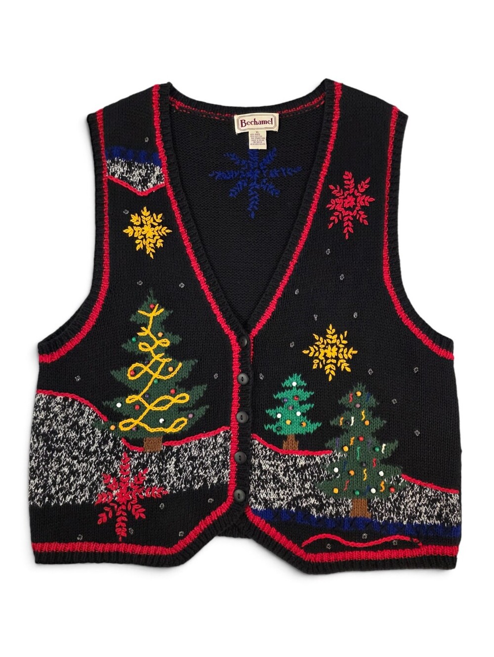 Bechamel Vintage 90s Christmas Sweater Vest Embroidered Trees Snowflakes Beaded